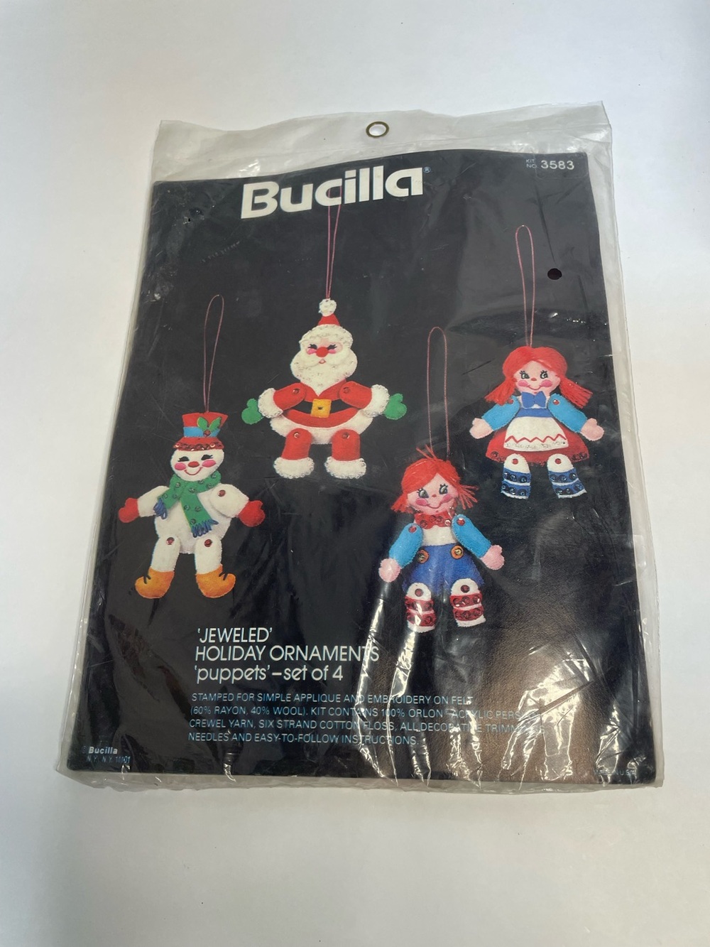 Vintage Bucilla Jeweled Holiday Ornaments Puppets Set of 4 Kit 3583 Sealed HTF